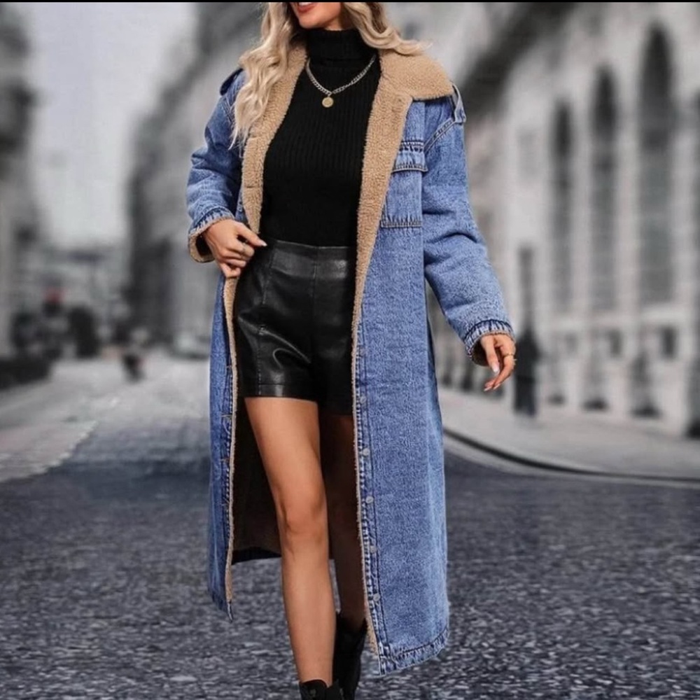 SHEIN Denim Jacket with Tan Shearling Collar